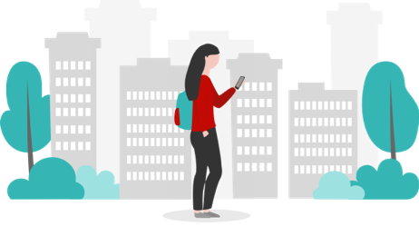 Illustration einer Frau mit Smartphone in einer Stadtumgebung